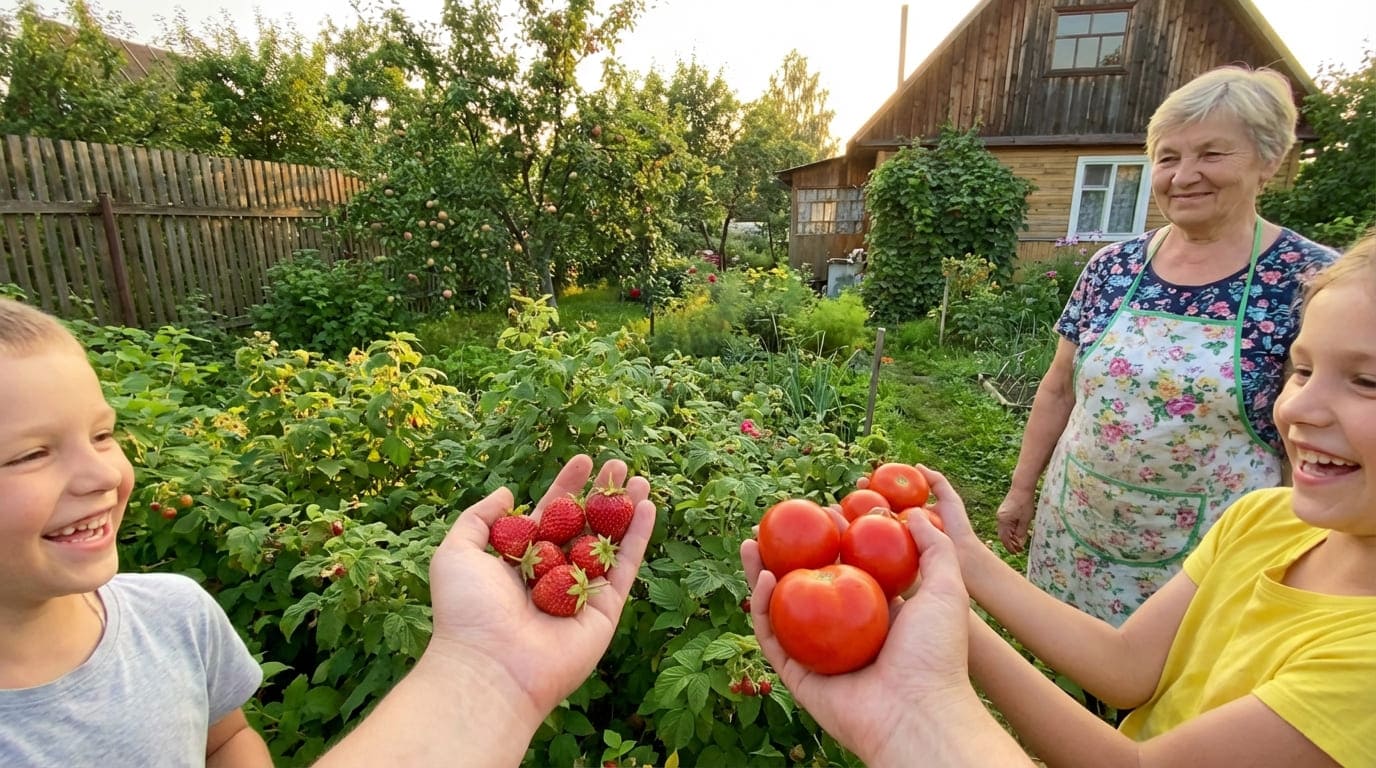 Счастливая семья в саду